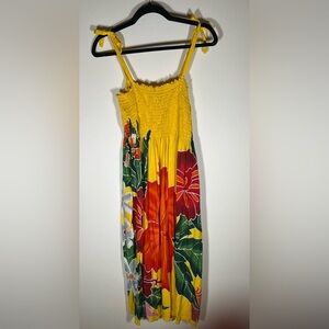 AUTHENTIC Bora Bora Tahitian yellow floral colorful smocked sundress OS tropical